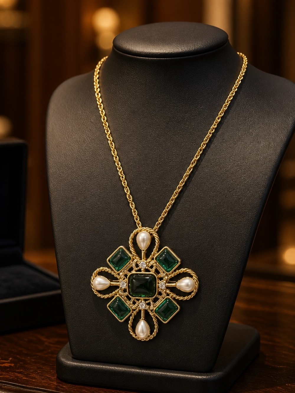 Catwalk Jon Gold-Tone Green Gem & Pearl Cross Pendant Necklace